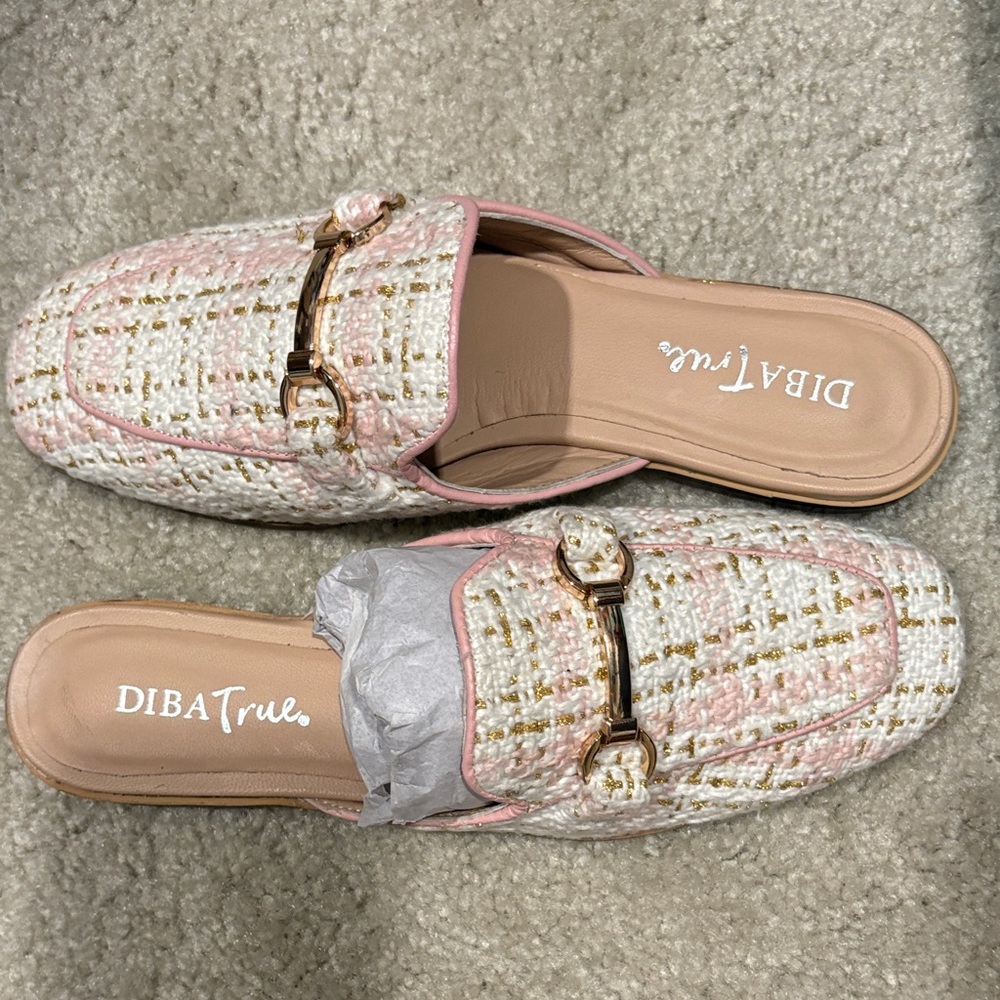 DIBA True Pink Tweed Slip-On Mules with Gold Accent Size 8